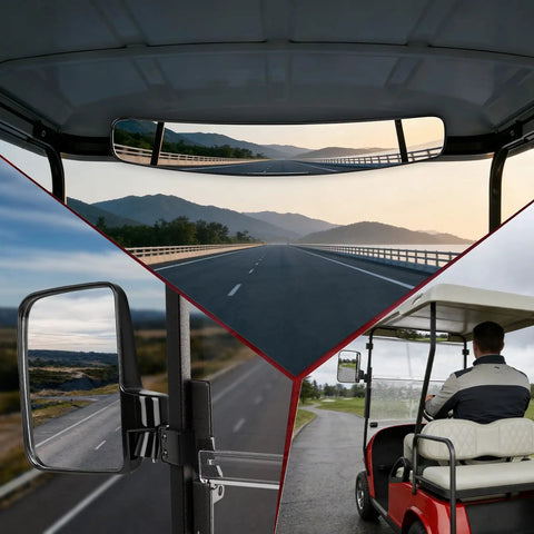 Universal Golf Cart Mirrors Offering HD Wide Angle Shatterproof Glass view from rear and side mirrors in a golf cart, showing roads.