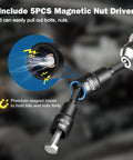 5-piece magnetic nut driver with premium magnet for bolts and nuts, shown in use with electric tool, featuring CR-V 6mm and 8mm adapters.