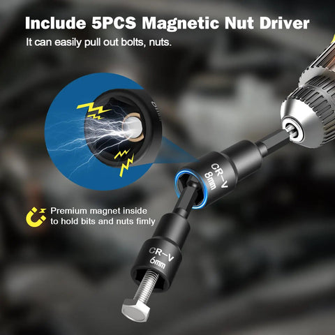5-piece magnetic nut driver with premium magnet for bolts and nuts, shown in use with electric tool, featuring CR-V 6mm and 8mm adapters.