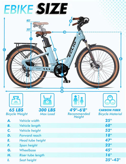Size chart of Beefy 1200W Peak Electric Bike For Adults With 120 Mile Range Dual 960Wh Batteries 26 Inch Carbon Fiber Frame.