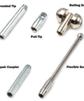 Components of Workhorse Half Inch 1000 Foot Fiberglass Duct Rodder Kit with extra tips including threaded tip, pull tip, rolling guide, repair coupler, flexible guide.