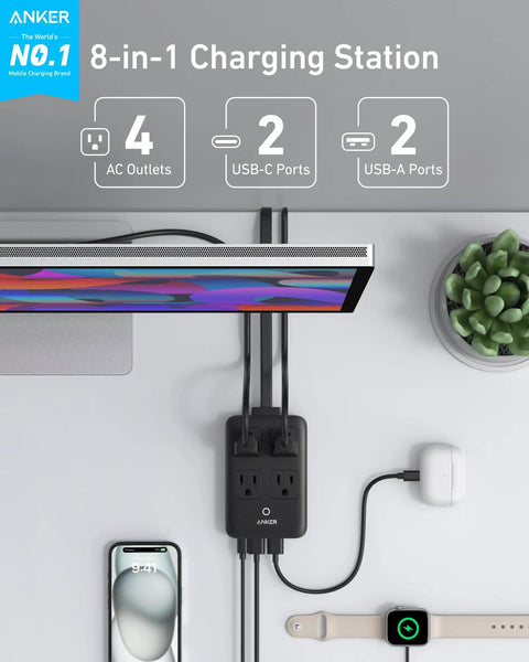Ultra Slim 8 In 1 USB C Charging Station With 20W Max Power Four AC Outlets Two USB C Ports Two USB A Ports Five Foot Cord Fast Desktop Charger For iPhone And MacBook Air Pro Travel Ready Office Friendly, desk setup with chargers connected.