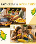 Family enjoying grilled corn using Non Slip Stainless Steel Corn On The Cob Holders Set Of 20 3.54 Inch Prongs for BBQ cookouts.