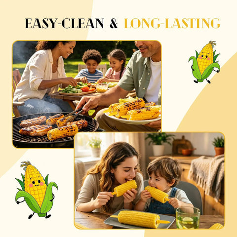Family enjoying grilled corn using Non Slip Stainless Steel Corn On The Cob Holders Set Of 20 3.54 Inch Prongs for BBQ cookouts.