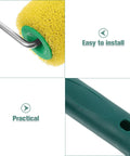 Close-up of texture pattern paint roller sponge brush with yellow sponge and green handle for walls ceilings and home painting.