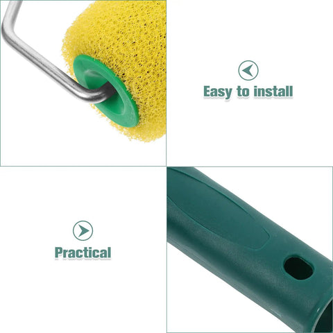 Close-up of texture pattern paint roller sponge brush with yellow sponge and green handle for walls ceilings and home painting.