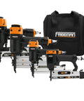 Pro Grade Pneumatic Finishing Nailer And Stapler Kit With Bag And Fasteners Four Tool Set Including Straight Finish Nailer Brad Nailer Narrow Crown Stapler And Micro Pinner For Precise Home Renovations image showing tools and bag