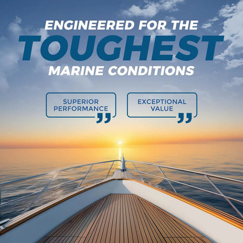 Boat deck at sunset with text promoting fast cure marine adhesive sealant for boats, hulls, decks, ponds and RVs.