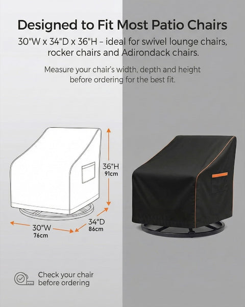Illustration and photo of Heavy Duty 600D Outdoor Chair Covers Waterproof for swivel chairs, dimensions 30W x 34D x 36H inches