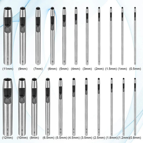 Heavy Duty Leather Hole Punch Kit With 22 Sizes From 0.5mm To 12mm Durable High Carbon Steel Hollow Punches displayed in rows
