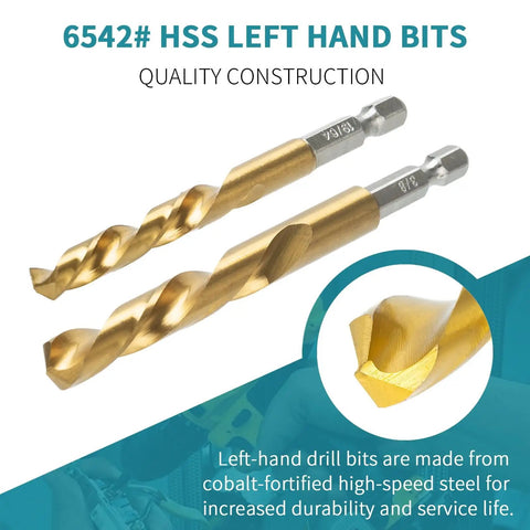 6542 HSS left-hand drill bits from the 15 Piece Screw Extractor Set With Left Hand Reverse Drill Bits, 37 CR MO And 6542 HSS Cobalt Steel.