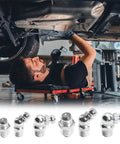 Mechanic using Beefed Up Car Grease Fittings Kit With One Quarter And One Eighth Inch Universal Set For Straight 45 90 Degree Angles
