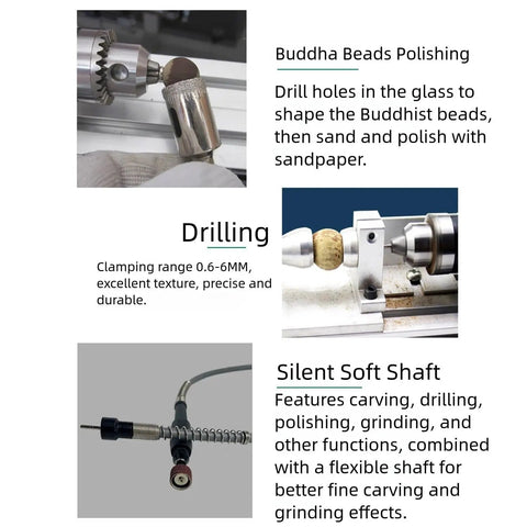 High-Torque Mini Lathe Machine For Wood And Metal With 7-Speed Settings, polishing beads and drilling features with flexible shaft.