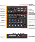 Front and top view of Four Channel DJ Mixer Interface With 48V Phantom Power Bluetooth And USB Audio, 99 DSP Effects Presets labeled