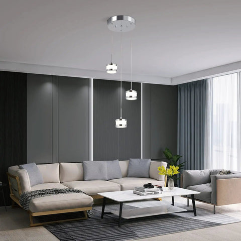 Led Dimmable Three Light Pendant Fixture With Dope Chrome Finish hanging in modern living room