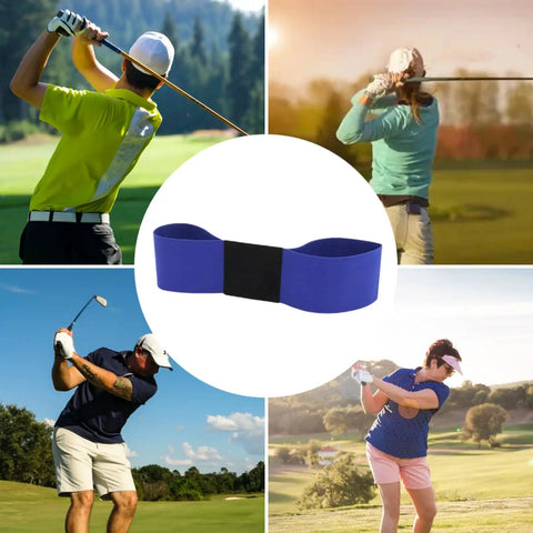 Golf Swing Training Aid Arm Band For Practice And Gesture Correction with golfers in various swing positions on the course
