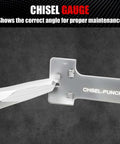 Pro Grade 16 Piece Punch And Chisel Set For Mechanic And Metalworking with Chisel Gauge showing angle for maintenance.