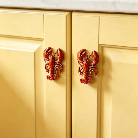 Lobster Shaped Cabinet Knobs Set of 2 Hand Painted Metal Drawer Pulls With Mounting Screws Ocean Inspired Coastal Decor on yellow cabinets