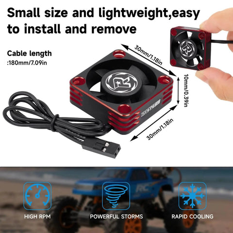 Close-up of 2 Pack 30mm RC Motor Heatsink Cooling Fan with measurements, suitable for various scale RC cars and brushless motors.