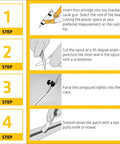 Instructional diagram showing four steps to apply Masonry Crack Filler Seals And Waterproofs Cracks In Concrete, Masonry, Walls And Floors.