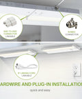 18 Inch Dimmable Under Cabinet Lighting With Swivel Lens 3CCT 2700K to 4000K Plug In Or Hardwired installation options shown