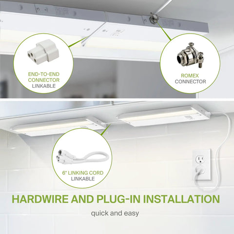 18 Inch Dimmable Under Cabinet Lighting With Swivel Lens 3CCT 2700K to 4000K Plug In Or Hardwired installation options shown