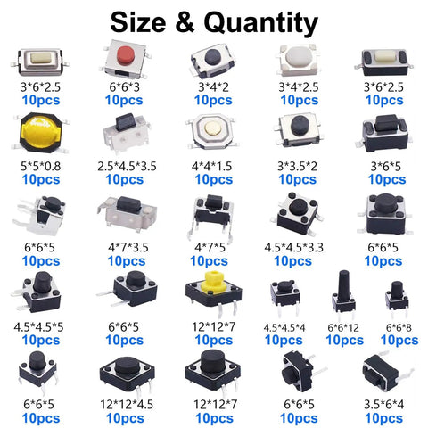 260Pcs Micro Momentary Tactile Push Button Switch Kit with 26 values and multiple pin options shown in various sizes and quantities