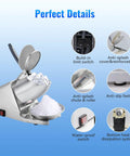 Detailed view of Top Shelf Heavy Duty Electric Ice Crusher And Shaver showing features like anti-splash lid and limit switch.