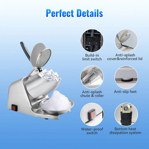 Detailed view of Top Shelf Heavy Duty Electric Ice Crusher And Shaver showing features like anti-splash lid and limit switch.