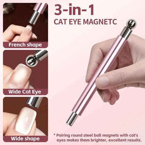 Hand holding pink dual-ended cat eye nail magnet from Cat Eye Nail Magnet Set Four Piece For Nail Art Black Bead Attracting Magnet Pink Dual Ended Nail Magnet With Round Steel Ball Magnets And Heart Shaped Magnets For DIY Nail Design And Dope Nail Art