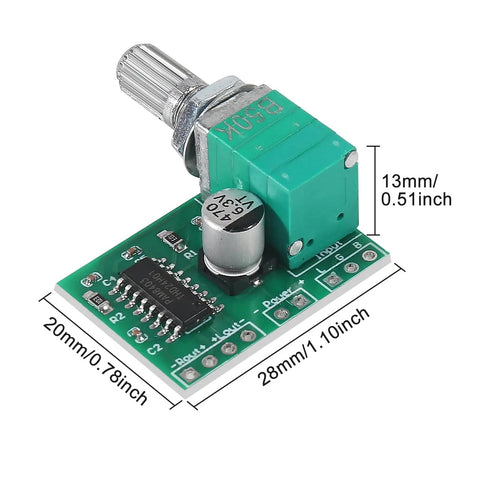 Front view of Dual Channel 5V Mini PAM8403 Audio Amplifier Module with potentiometer, compact and breadboard-friendly for DIY projects.