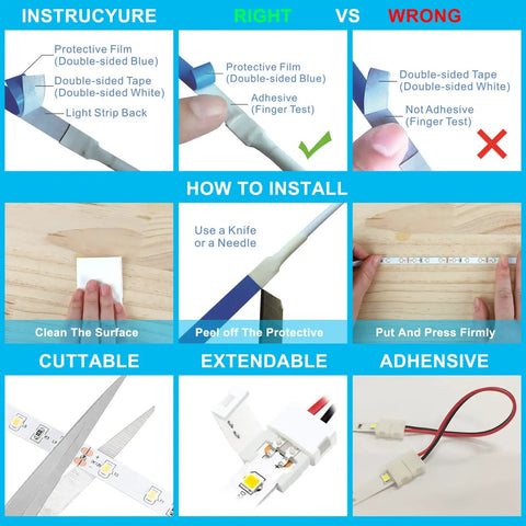 Installation guide for Motion Sensor Indoor LED Strip Lights Plug In With 16.4 Foot Run 6000K Cold White Dimmer Timer And Multi Functional Controller UL FCC Adapter showing correct adhesive methods.