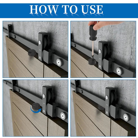 Installation of 4 Pack Anti Jump Disk Block Sliding Barn Door Hardware Set With Adjustable Stopper Pads in matte black.
