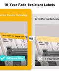 Comparison of fade-resistant labels showing Thermal Transfer vs Direct Thermal technology durability after 10 years and 1 year.