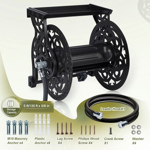 Wall Mount Garden Hose Reel For Outdoor Use, Holds Up To 125 Ft Of Five Eighth Inch Hose, Heavy Duty Aluminum Frame, with hardware
