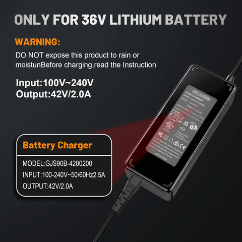 UL Certified 42V 2A Smart Charger For 36V Lithium Batteries Universal 100V 240V Input Fast Must Have Replacement Power Adapter For Scooters E Bikes And E Boards 5.5x2.1mm DC Connector Portable Home Travel Outdoor