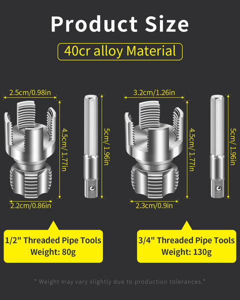 Side view of Dual Function PVC Pipe Threading Tool For Internal And External Threads 1/2 And 3/4 Inch Dies sizes and specifications