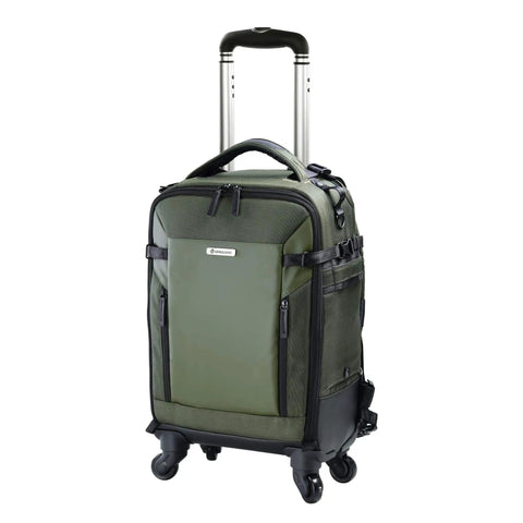 55BT Carry On Camera Backpack Trolley For DSLR And Mirrorless Gear Green with suitcase design and quick access pockets.