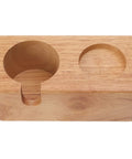 Sweet Beech Wood Coffee Tamper Stand With Clever Side Nook Securely Stores 51 To 58 Mm Tools, flat wooden surface.