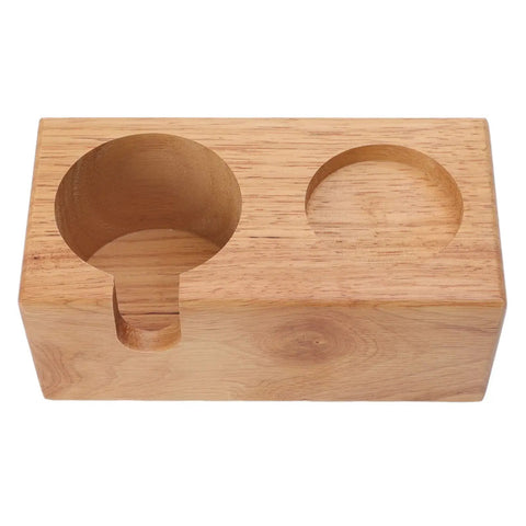 Sweet Beech Wood Coffee Tamper Stand With Clever Side Nook Securely Stores 51 To 58 Mm Tools, flat wooden surface.