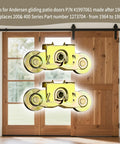 Two Set Gliding Patio Door Tandem Roller Assembly Replaces 1997061 And Is Compatible With 200 Series Perma Shield Narroline And 400 Series Frenchwood Gliding Doors Since 1982 Featuring One And A Quarter Inch Steel Ball Bearing And Side Adjustable, shown in front of wooden doors.