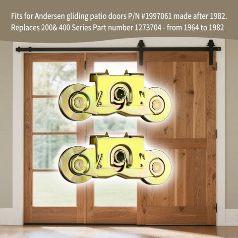 Two Set Gliding Patio Door Tandem Roller Assembly Replaces 1997061 And Is Compatible With 200 Series Perma Shield Narroline And 400 Series Frenchwood Gliding Doors Since 1982 Featuring One And A Quarter Inch Steel Ball Bearing And Side Adjustable, shown in front of wooden doors.
