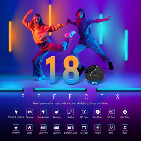 Two dancers in vibrant lighting demonstrating Handheld TL60 RGB Tube Light 20W Full Color LED Video Wand With App 2 4G DMX Control effects.
