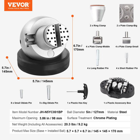5 Inch Ball Vise Engraving Block With 360 Degree Rotation, Pro Grade Jewelry Inlay And Small Scale Engraving Kit, Includes 35 Attachments For Gemstone Inlay And Fine Detailing, Durable Chrome Plated Steel Vise For Precision Craft.