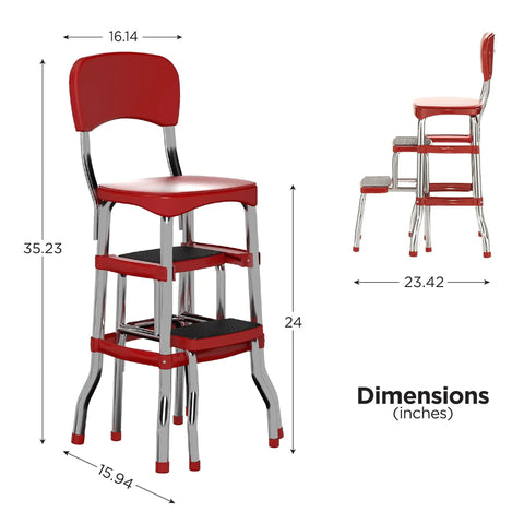 Stylaire Retro Chair And 2 Step Stool With Pull Out Steps For Extra Height, 7 Ft 11 In Max Reach, 200 Lb Capacity, steel and vinyl red