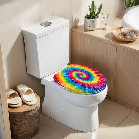 Elongated Tie Dye Aquarelle Print Tie Dye Spiral Rainbow Toilet Seat on a white toilet in a bright bathroom.