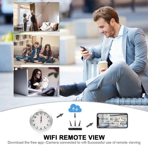 Man viewing phone remotely connected to Discreet Hidden Camera Wall Clock With 1080P HD WiFi Live Feed, Motion Detection Alarm