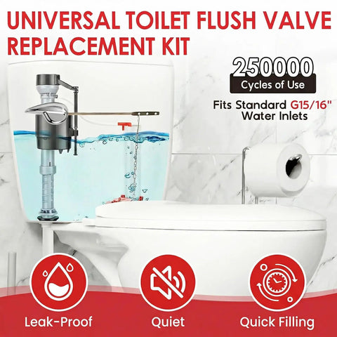 Diagram of Toilet Flush Valve Replacement Kit with Height Adjustable Fill Valve and No-Fuss Threaded Flow Control Knob, 2-Inch Flapper.
