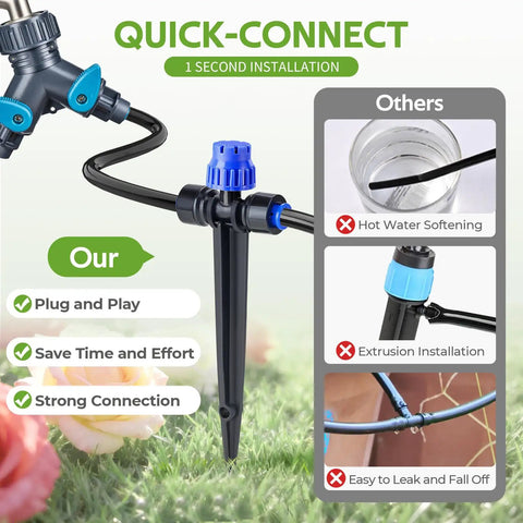 40ft Push To Connect Drip Irrigation Kit With Adjustable Emitters For Garden Raised Beds, showing quick-connect installation.