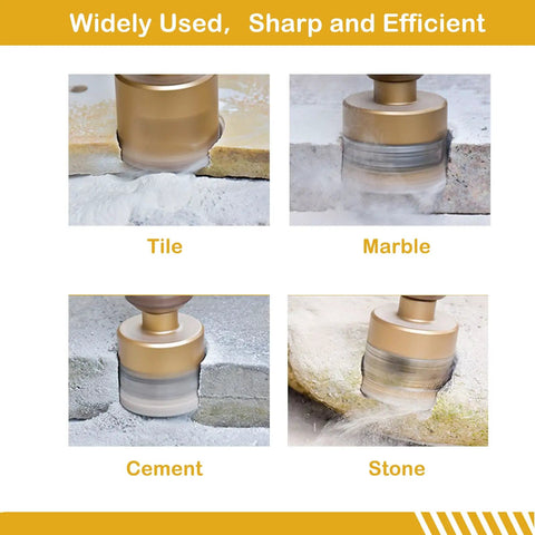 Close-up of Hole Saw Drill Bit Set Core Bits For Ceramic Tile Glass Marble Granite Gypsum 12 Pc wet or dry use cutting stone.
